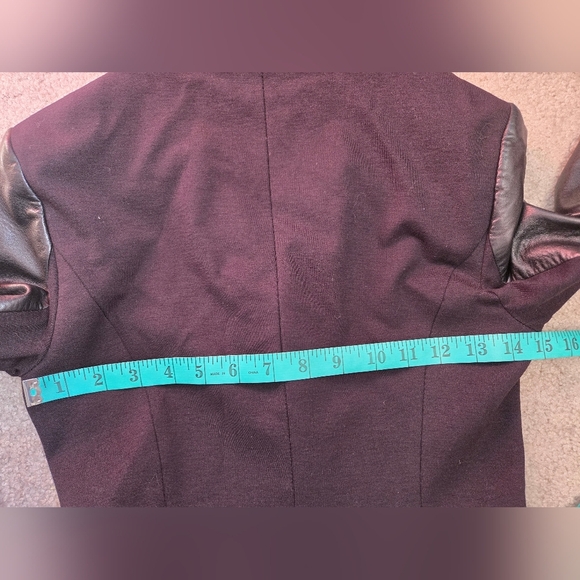 GUESS BY MARCIANO Black Fitted Blazer with Genuine Leather Sleeves, Back Ruffle. - Picture 13 of 15